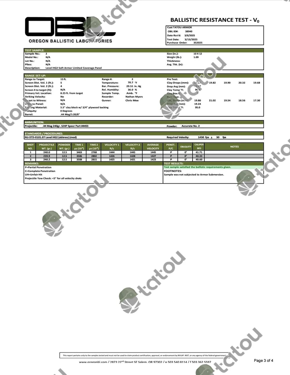 IIIA/HG2 SOFT ARMOR 11X14 SAPI