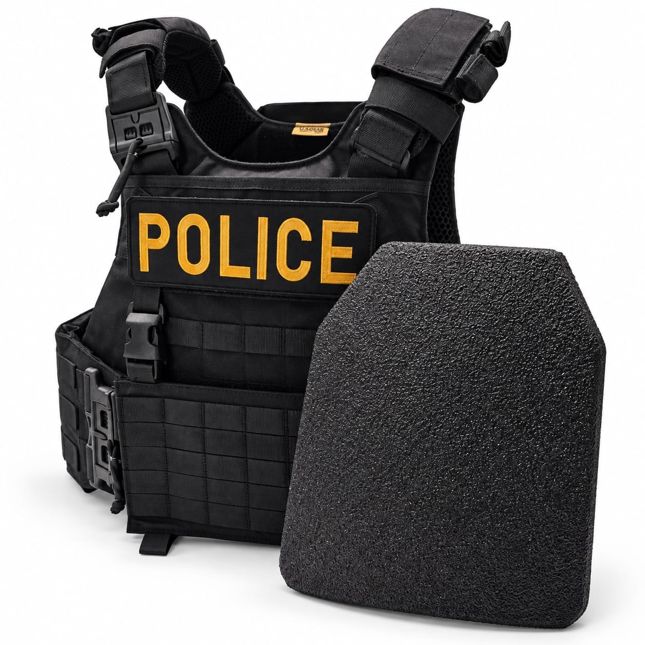 QRS Black police plate carrier with agency patch — Tatou Armor